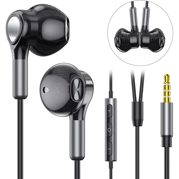 Langalliset kuulokkeet, korvan sisäiset langalliset kuulokkeet, puolivälissä korvassa olevat kuulokkeet 3,5 mm:n liittimellä, langalliset kuulokkeet mikrofonilla ja äänenvoimakkuuden säätimellä BLACK