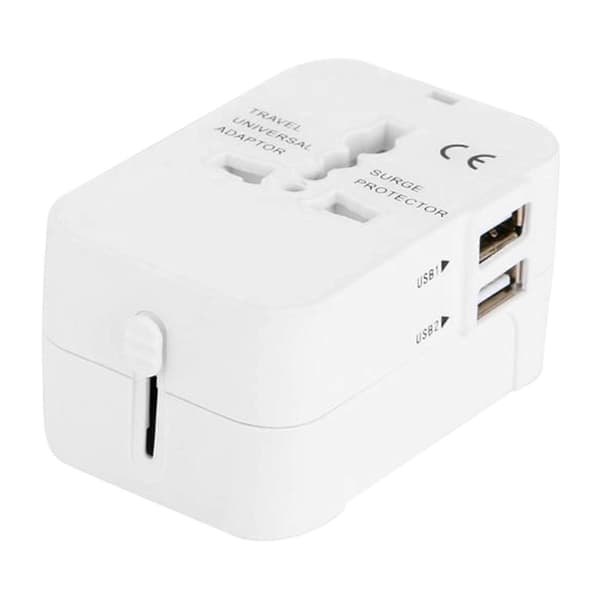 Universal international rejseadapter, vægoplader med 2 USB-porte, til familieferier Hvid White