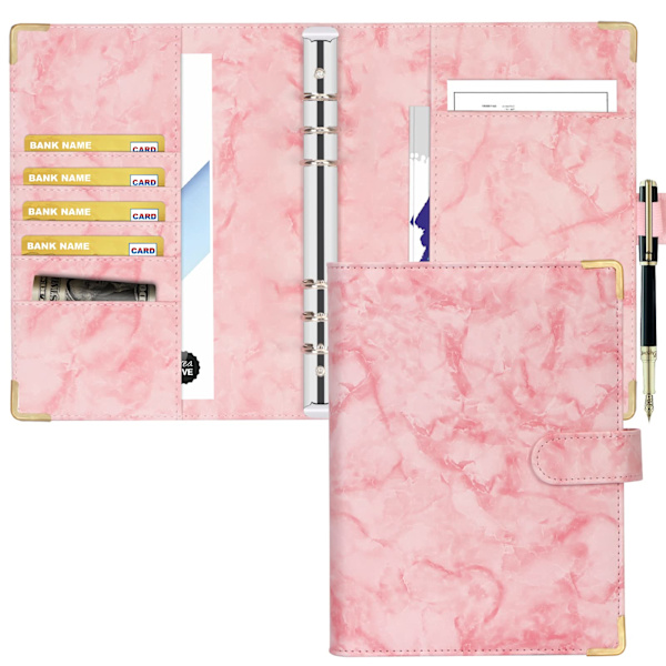 Läder A6-pärm 6 runda ringpärmar Planner Notebook Cover för A5-fyllpapper (inre papper ingår ej) Marmorrosa