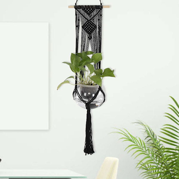 Växtupphängning, inomhus utomhus makramé planter hängande rep handgjord växtupphängning med tofsar blomkruka hållare korg sträng hängande väggdekor (svart)