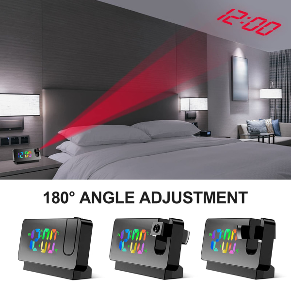Projektionsväckarklocka, spegelväckarklocka med LED-skärm, sängprojektorklocka, klocka med temperatur, snooze, nattläge