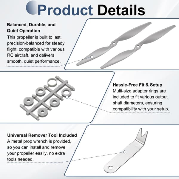 MECCANIXITY 12x6 tommer RC-propeller, 2-bladet propellerudskiftning grå højhastighedspropeller med adapterringe og propelnøgle til RC-fly 12" x 6" 2