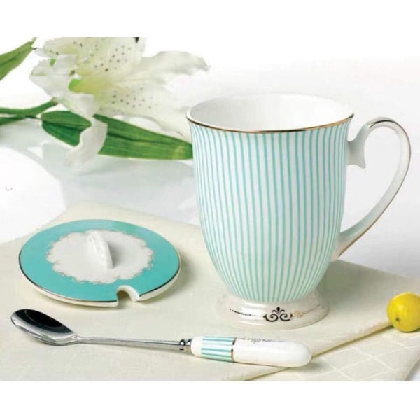 Tech Euro Style Porcelæn Te Kop Kaffe Krus med Låg til Morgenmad Hjem Køkken ((Stribet Mønster) (Cyan)) C