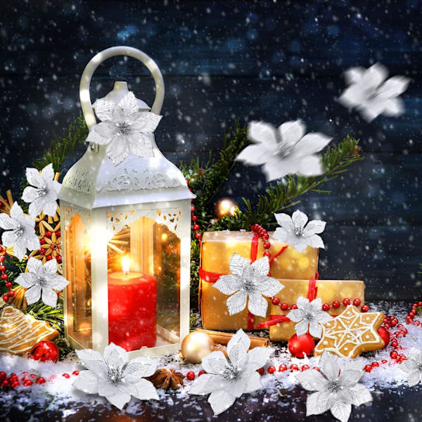 24 stycken julglitter-julstjärnor Bröllop Konstgjorda blommor Juldekorationer Ornament för julgran Nyår (10 cm) silver