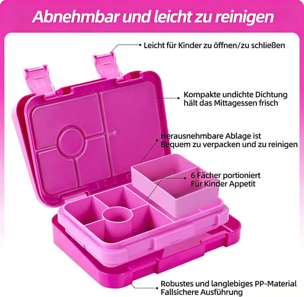 1 stk Bento matboks for barn, med 6 rom for barn, (Rose Rød, 5.5*7.9*1.8 tommer) rose-red