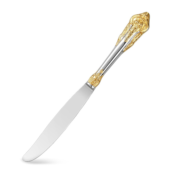 Elegantti ruokailuvälinesarja, 5-osainen ruokailuvälinesarja, kiillotettua 18/10 ruostumatonta terästä, kiiltävä, hieno hopeinen ruokailuvälinesarja, kullatuilla koristeilla
