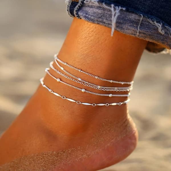 Boho Perle Ankelkæder, Sølv Multilayer Perle Kæde Ankelkæde, Strand Tilbehør Fod Smykker