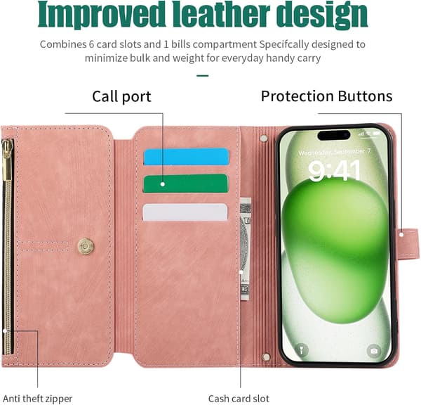 Plånboksfodral för iPhone 16 Pro Max (1-pack) — Foliodesign med handledsrem, 9 kortfack och stativ; magnetisk stängning (roséguld) iPhone16 Promax rose gold