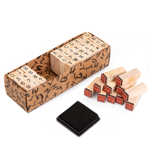 Alfabetstempler, 40 stk trægummistempler - Sæt med stort bogstavnummer og symbol - Minibogstavsstempler og blækpudesæt
