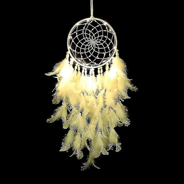 Led Drømmefanger Veggdekor Hvit Fjær Drømmefanger Med Lys, Håndlaget Perle Boho Vevd Kunst Ornament