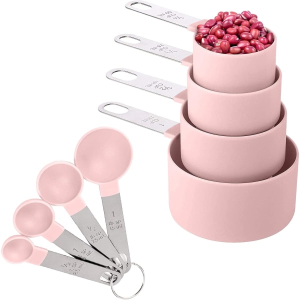 8 bitar mätkoppar och skedar set / kapslingsmått med handtag i rostfritt stål / för torr och flytande ingrediens (rosa)