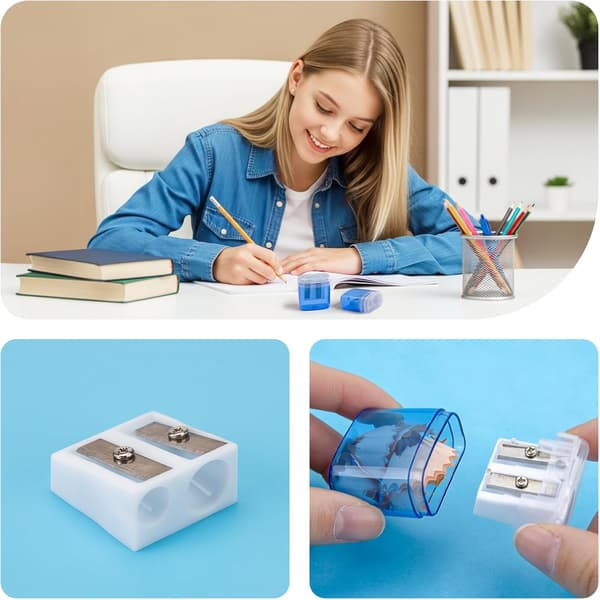 Pennvässare med behållare, 4 st, dubbla hål, blå | Manuell vässare med lock (1.8,4,4cm) 4pcs blue
