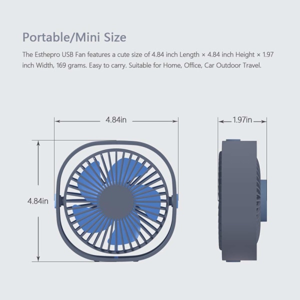 USB bordsfläkt, bärbar skrivbordsbordskylfläkt, justerbar med tre hastigheter, USB power, stark vindstilla, perfekt för utomhusbruk (marinblå)