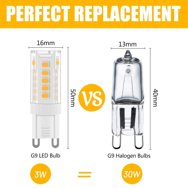 G9 LED-lyspærer varmhvite, 3W, 300LM, 3000K, erstatning 30W G9-halogenpære, flimmerfri, ikke dimbar for belysningsdekor, lysekrone, 10 stk.