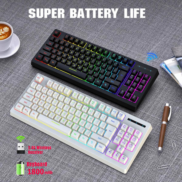Pelikäyttöön tarkoitettu näppäimistö 87 näppäintä 2.4G langaton RGB-lämpösiirto 1800mAh / Windows-yhteensopiva työtietokoneelle ja kodin pelaamiseen langaton näppäimistö (musta) black