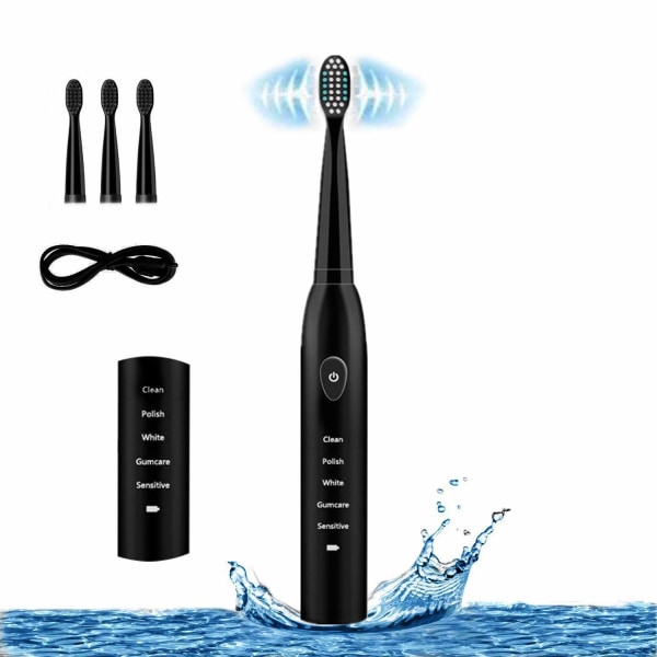 Sonic sähköhammasharja, 4 ilmaista vaihtopäätä mukana lahjana Käytä USB pikalatausta vedenpitävää hammasharjaa (musta)