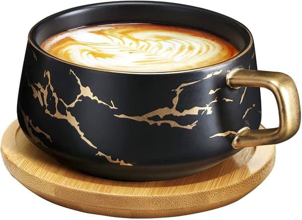 Cappuccino Kopper med Underkopper, 300ml Porcelæn Espresso Kopper til Te Kaffe Cappuccino, Kaffe Kopper med Træskive - Sort