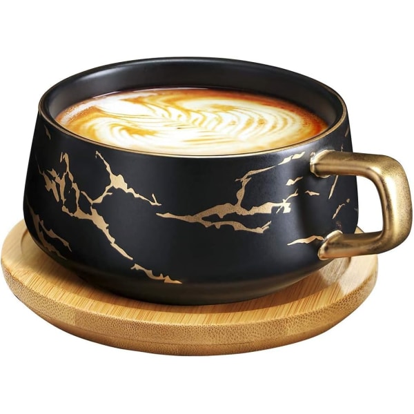 Cappuccinokopper med underkopper, 300 ml porcelæns espressokopper til te kaffe Cappuccino, kaffekopper med træskive - sort