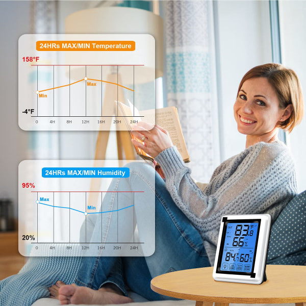 Hygrometer Fugtighedsmåler - Trådløs Indendørs Udendørs Termometer med 1 Fjernføler - Rumtermometer til Hjemmet