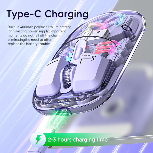 Transparent trådløs mus 3 tilstande (BT5.1/BT5.1/2.4G) Bluetooth mus lydløs genopladelig silm bærbar mus purple