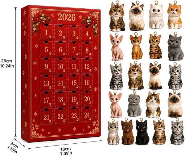 Kat Julekalender Jul 2026, 24 stk. Akrylpynt Nøgleringssæt D