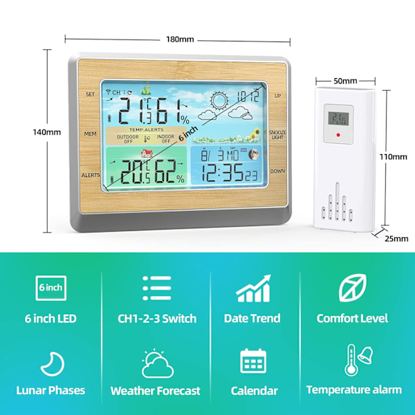 Väderstation, trådlös inomhus- och utomhusväderstation med 6-tums färgskärm med LED-display, temperatur- och fuktighetsmätare med barometriskt tryck och USB-laddning