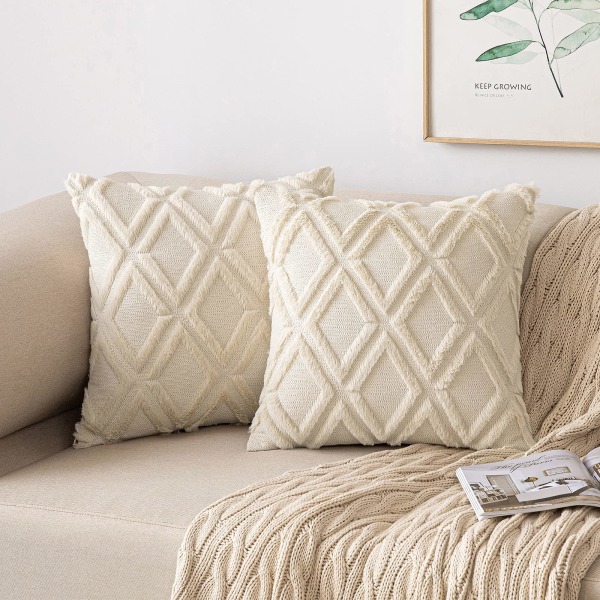 Set med 2 kuddfodral, dekorativa kuddar, ullkuddfodral, sammetspälskuddar, boho dekorativa kuddar, 45 x 45 cm, beige