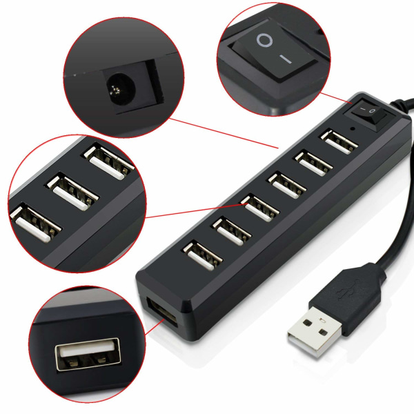 7-porter USB Hub-utvidelse høyhastighets for PS3, Xbox, Wii, PC, MAC, bærbar PC, NoteBook, Mac Book, NetBook, Nettbrett, Tab