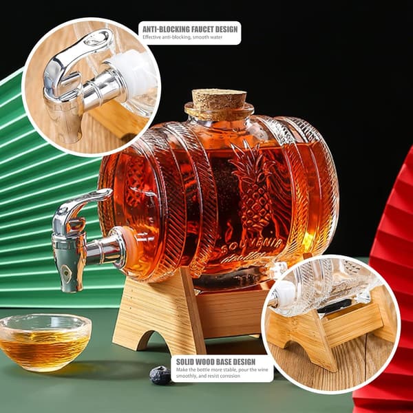 Whiskeykaraff 1000ml Vin Dryckesdispenser med Träställ, Glasvinhink med Kran för Scotch, Bourbon