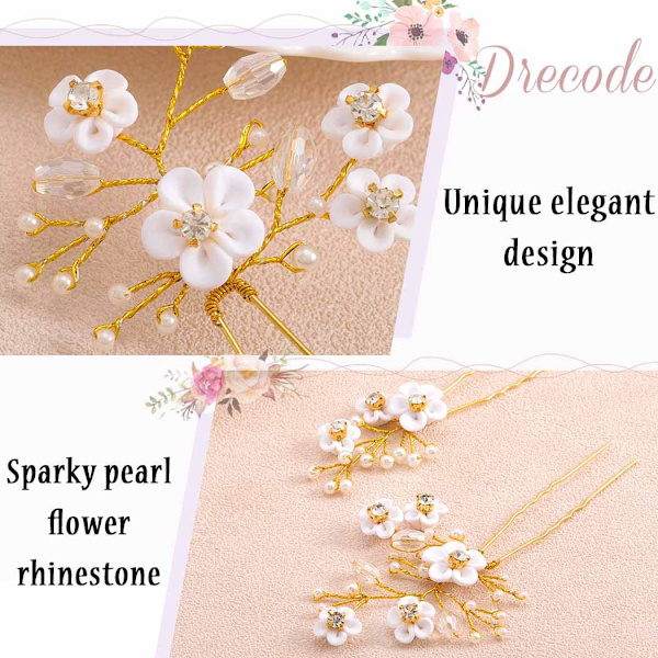 Bröllopshårnålar Silver Sparkly Rhinestones Pärlor Blomhårnål Brudhårprydnader Gorgeous (Guld)