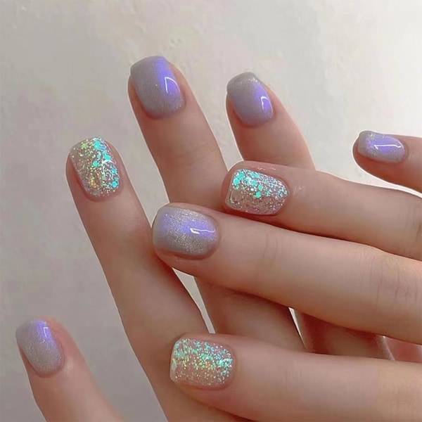 24 kpl lyhyet neliönmuotoiset tekonkynnet, glitter-lilat liimattavat kynnet, painettavat kynnet, irrotettavat liimattavat kynnet, täyspeittävät tekonkynnet naisille ja tytöille