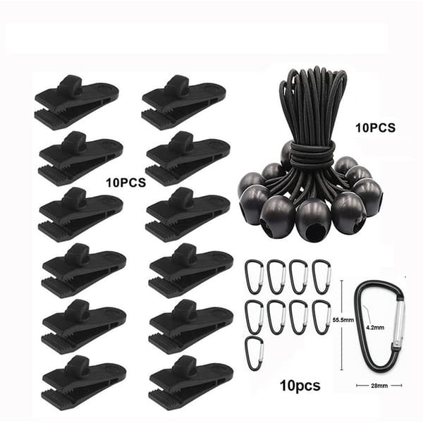 Markiseklemmesett: 10 teltklemmer + 10 elastiske tau + 10 D-ringer