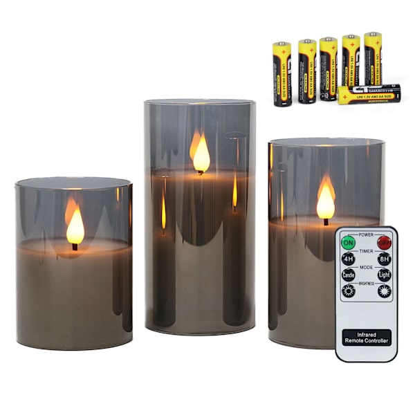 Gråa flamlösa ljus i glas, 3 glaslyktor med fjärrkontroll och timerfunktion, varmt vitt ljus med batterier ingår