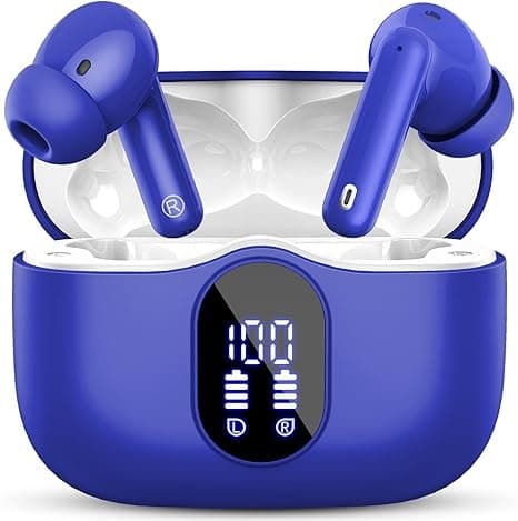 Trådløse hodetelefoner Bluetooth 5.4 med LED-skjerm, støydempende mikrofon, HiFi Stereo In-Ear-hodetelefoner, IP7 vanntett for iPhone Android Robin blue