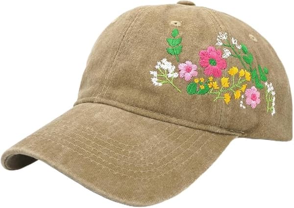 1 stk. baseballkasket til kvinder, blomsterbroderet vasket bomuldshat, khaki khakli