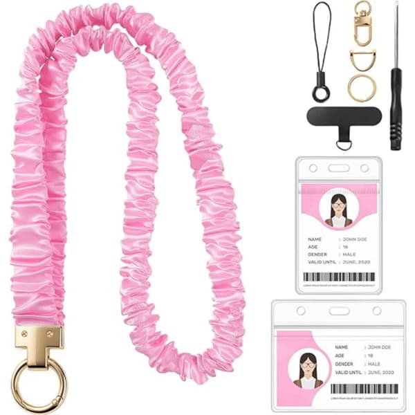 Scrunchie Nøglering til ID-kort Udtrækkeligt Elastisk Hårbånd med Nøglering og Gennemsigtig ID-holder Sød Mode Nøglering til Lærer Kvinder Pink