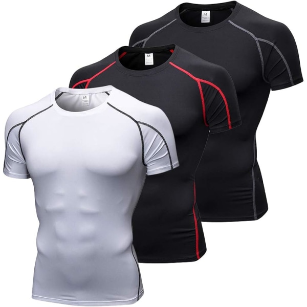 3-pack herre kompressionsskjorte atletisk under base-lag sport T-shirts (lille, sort / rød / hvid)