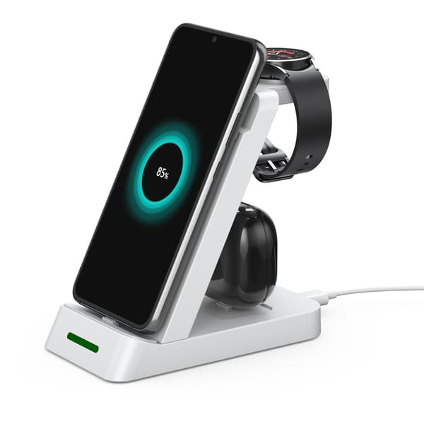 3-i-1 trådløs oplader til mobil, Samsung Smartwatch og hovedtelefoner Hvid