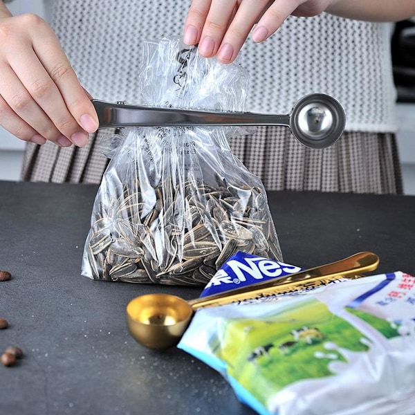 2 stk. kaffeske med poseklemme, rustfrit stål kaffemåleske, formalet kaffesealer til cafetiere formalet kaffe og bønner silver