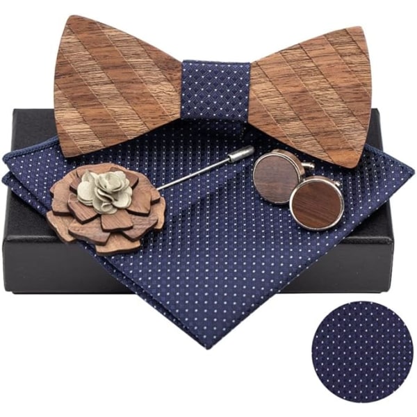 Klassisk håndlavet træsløjfe til mænd, matchende firkantede corsage-manchetknapper og gaveæske, justerbart træsløjfesæt til bryllupseksamen