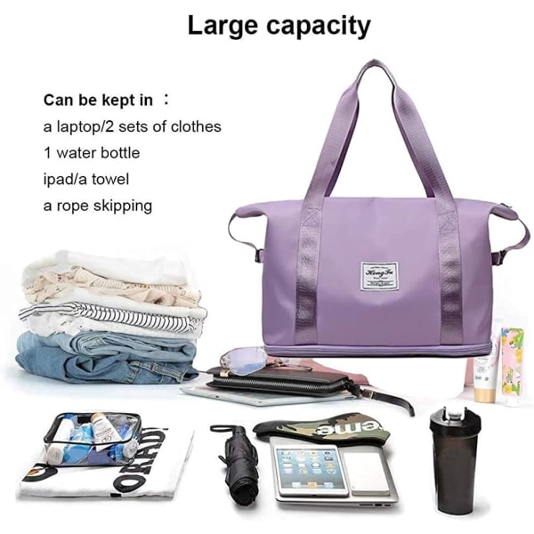 Sammenleggbar reiseveske med stor kapasitet, utvidbar weekendbagasjepose i nylon for kvinner - Bærbar reise Lettvekts bag (mørk lilla A)