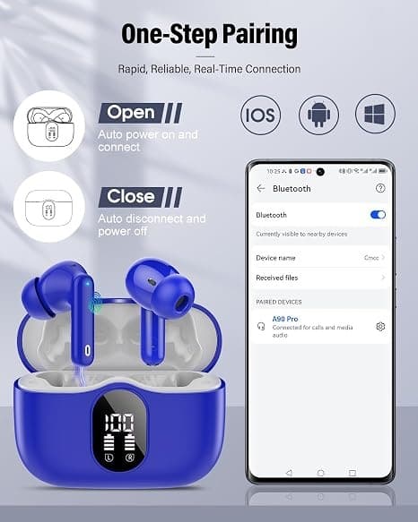 Trådløse hovedtelefoner Bluetooth 5.4 med LED-display, støjreducerende mikrofon, HiFi Stereo In-Ear hovedtelefoner, IP7 vandtæt til iPhone Android Robin blue