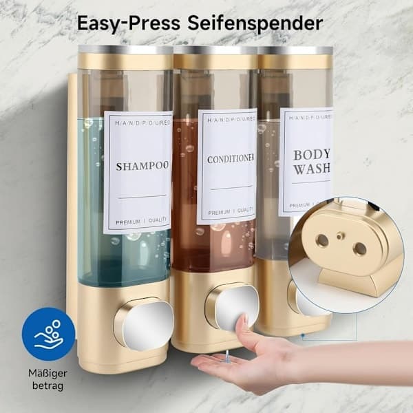 Vægmonteret sæbedispenser - 3-rums brusedispenser 300ml x3 til shampoo og sæbe sort Black
