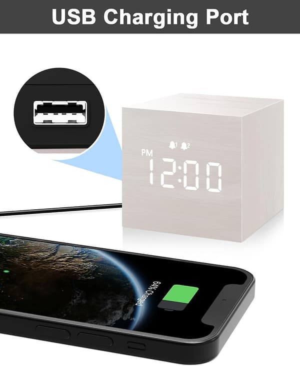 SCSYV Digital Väckarklocka, med LED-display i trä, dubbla larm, 2,5 tums kubisk liten mini-träklocka för sovrum, nattduksbord vit White