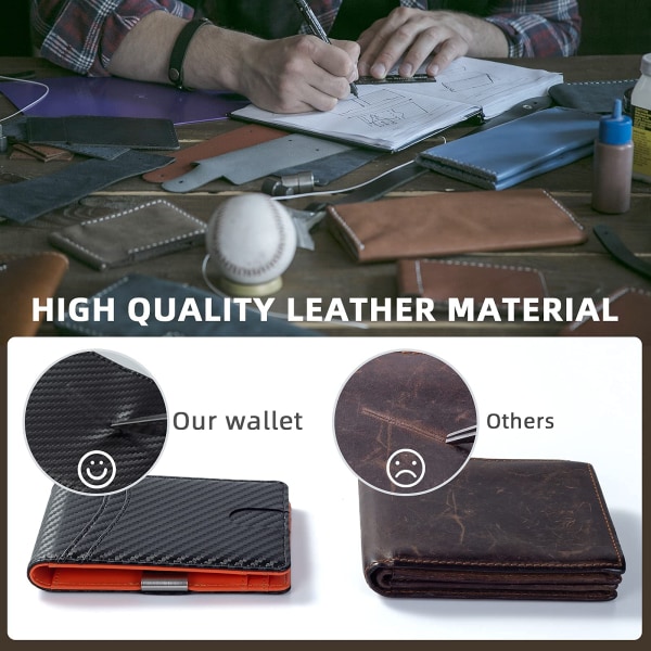 Minimalistisk slank lommebok for menn, premium skinnlommebok med pengeklemme, RFID-blokkerende frontlomme Stilig bifold-lommebok (svart og oransje)