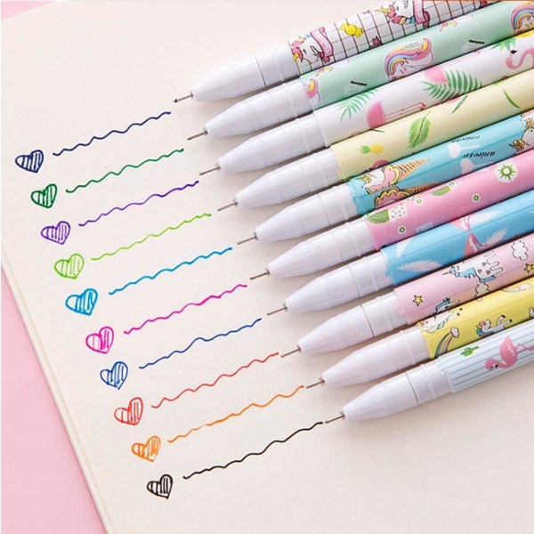 Søte fargepenner for kvinner Toshine Colorful Gel Ink Pen Sett Unicorn Flamingo Pens Multicolor Gel Ink Roller Ball Penner 10 stk (0,5 mm)