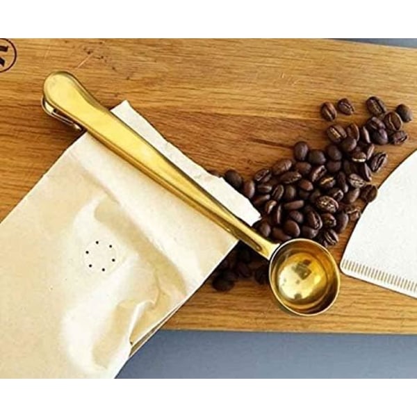 2PCS Kaffeskopa med påsklämma, Rostfritt stål Kaffemätsked Malet kaffeslutare för Cafetiere Malet kaffe och bönor silver/gold