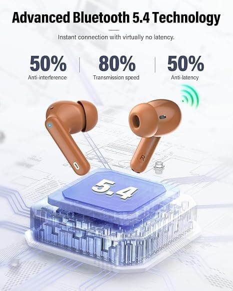 Trådlösa hörlurar Bluetooth 5.4 med LED-display, brusreducerande mikrofon, HiFi Stereo In-Ear-hörlurar, IP7 vattentäta för iPhone Android Brown