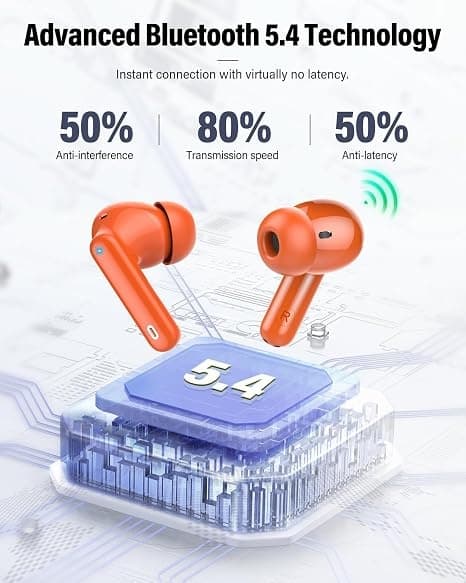 Trådløse hovedtelefoner Bluetooth 5.4 med LED-display, støjreducerende mikrofon, HiFi Stereo In-Ear hovedtelefoner, IP7 vandtæt til iPhone Android Orange