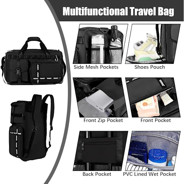 Gym taske sport duffel taske med skorum til sko Gym duffle taske weekend rejsetaske med våd lomme 2 i 1 rygsæk taske stor kapacitet foldbar black